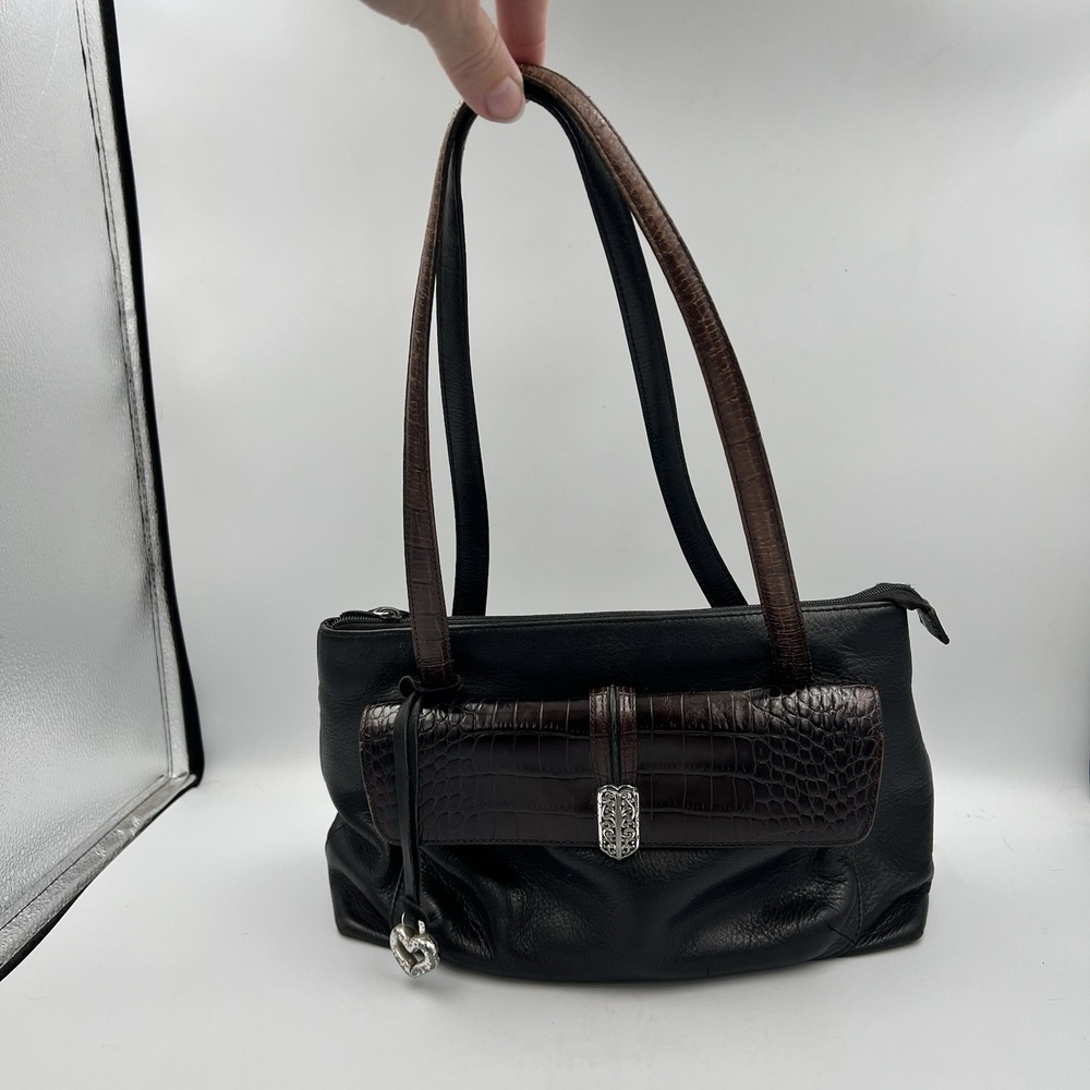 Vintage Y2K Brighton Shoulder Bag Black Leather Brown Crocodile-Embossed Trim